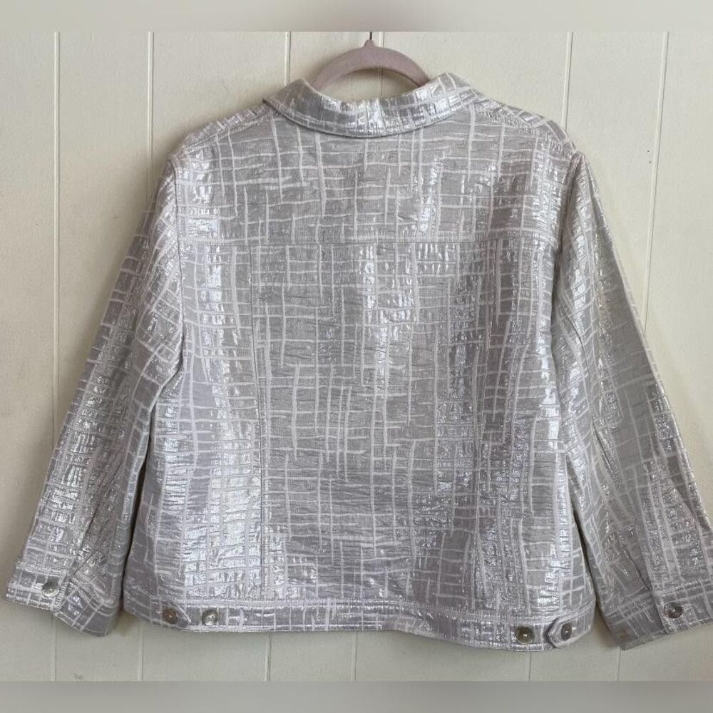Ruby Rd Jacket Womens 16 Silver Metallic Geometric Button Front Pockets Shimmer - Picture 2 of 6